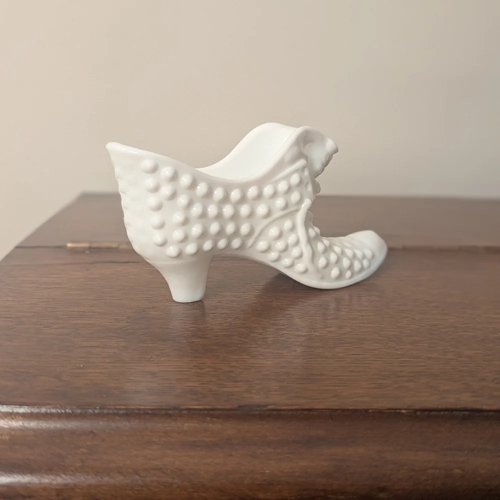 Fenton Milk Glass Hobnail Cat Head Slipper - White Glass Shoe Figurine Prosperit